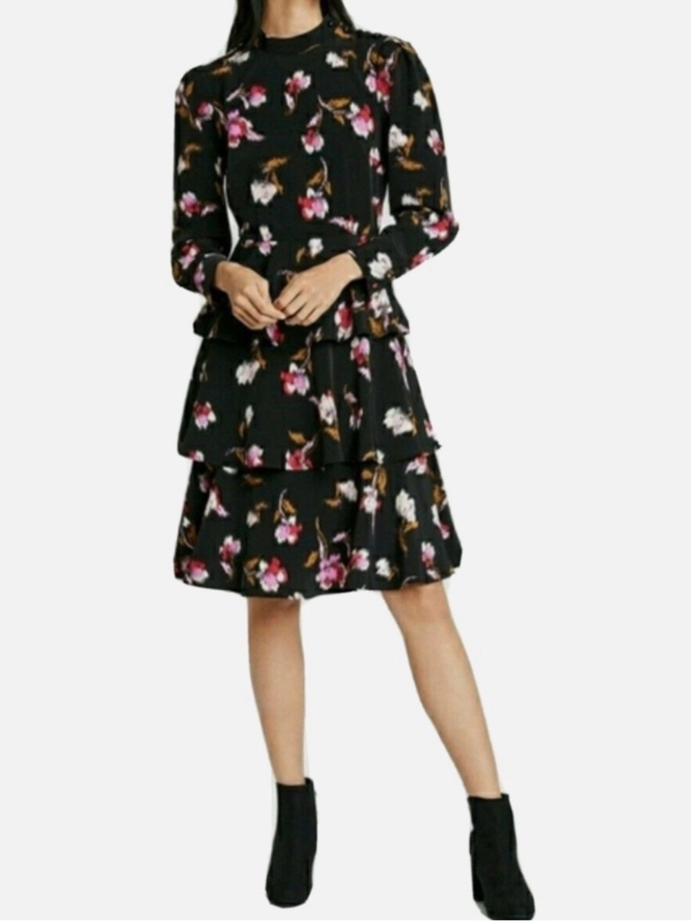Who What Wear Black Floral Tiered Midi Dress with Pink Blooms